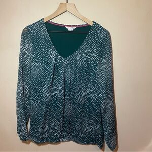Boden Dark Green White Polka Dot V-Neck Blouse, size 10